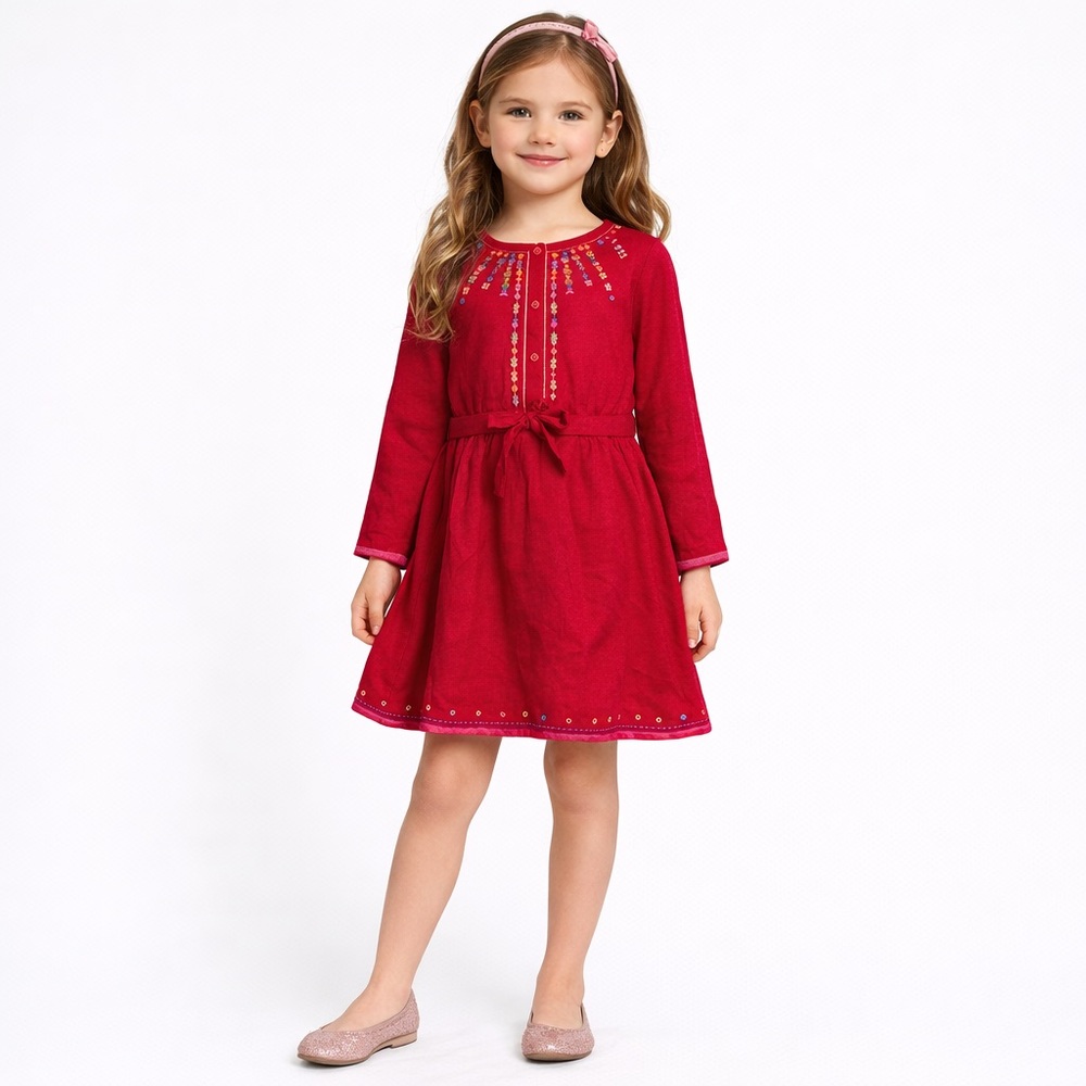 Pink Long Sleeve Button Front Dress w Embroidered Flower Detail and Belted Waist